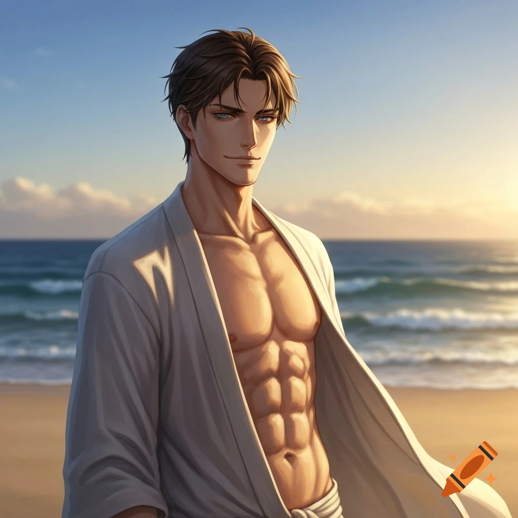 Handsome anime man with dark brown hair, grey eyes, and muscular abs in an open robe on a beach at sunset.