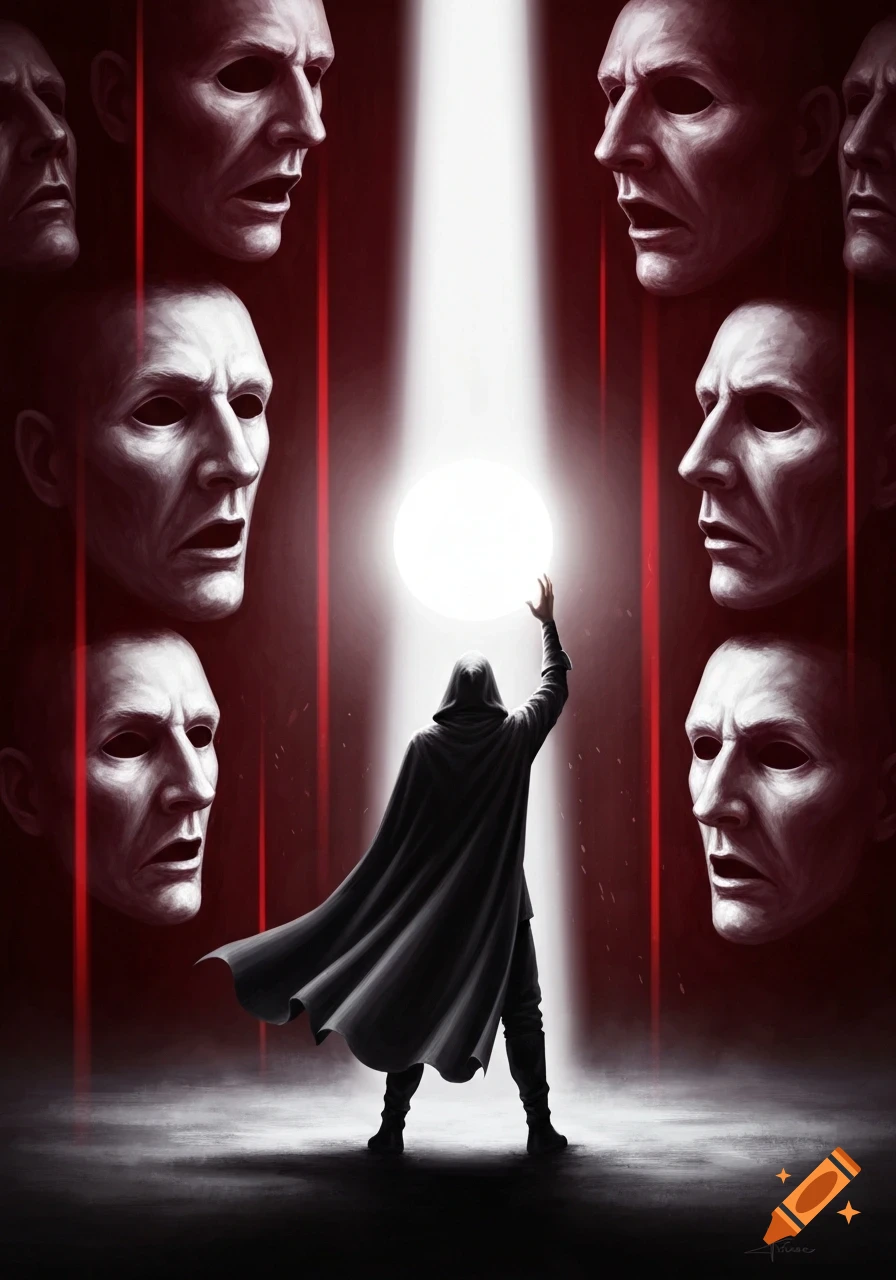 A hooded figure in a black cloak reaches for a bright white orb, flanked by multiple pale, mask-like faces on a dark red background, digital art.