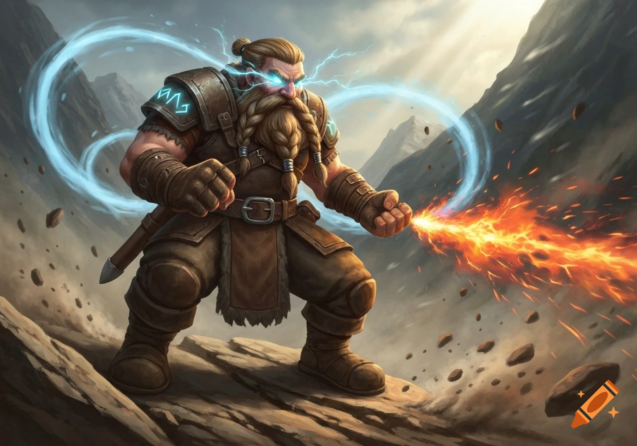 A powerful dwarf with a braided beard in leather armor, casting lightning from his eyes and fire from his hand amidst a rocky mountain landscape, digital illustration.