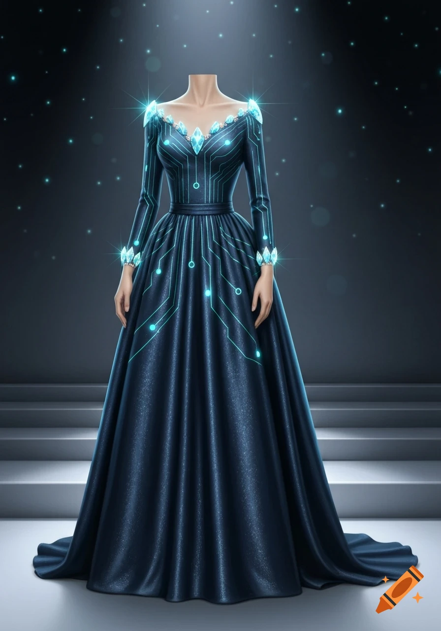 A dark blue formal gown with glowing circuit patterns and blue crystals, displayed on a headless mannequin on a stage.