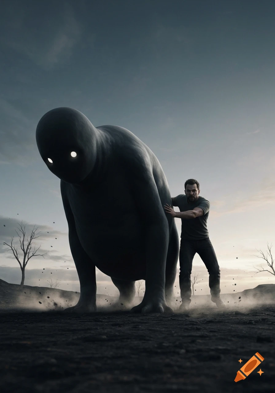 A man pushes a giant, dark, blob-like creature with glowing eyes in a desolate, dusty landscape with bare trees, photorealistic style.