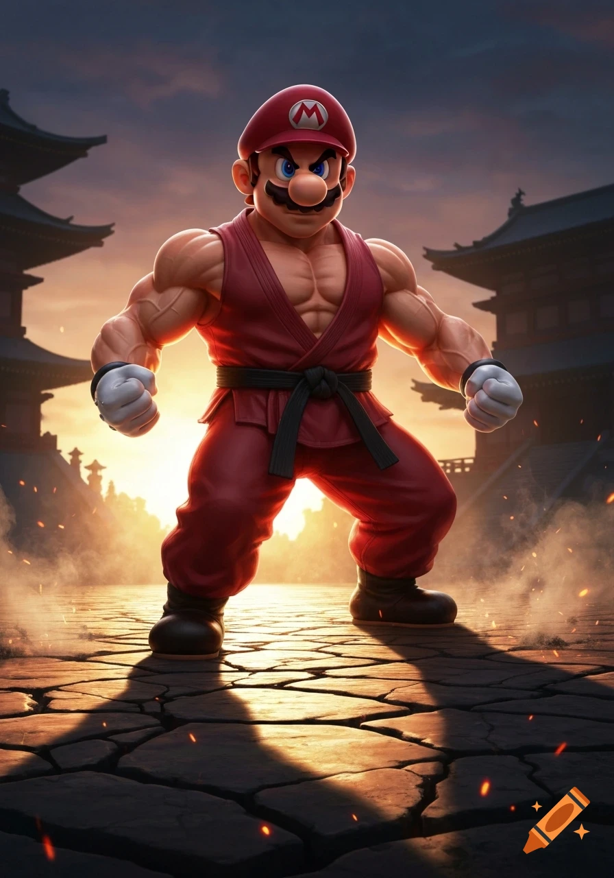 Muscular Mario in a red martial arts gi with a black belt, standing on cracked ground with a determined expression against a dramatic sunset and temple backdrop.