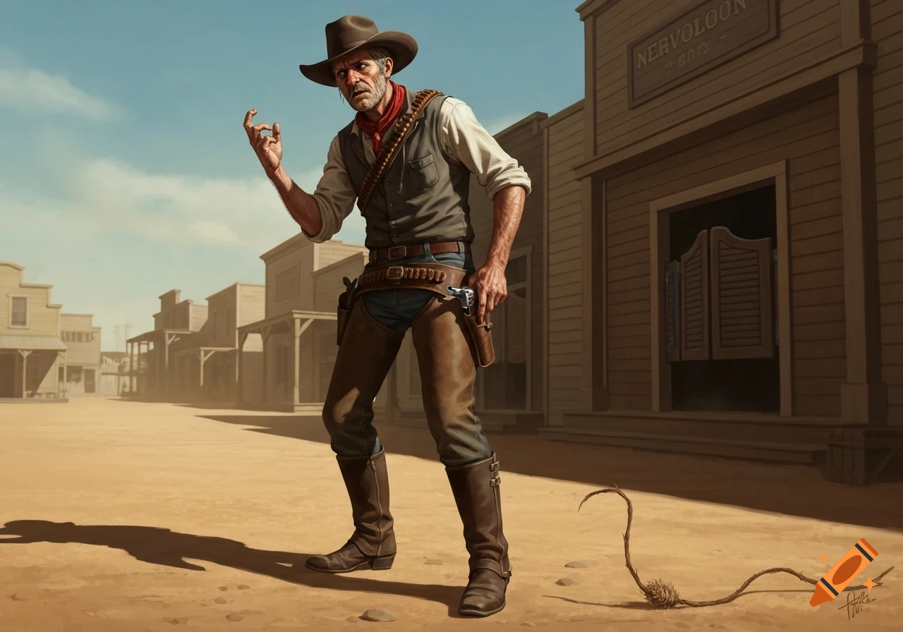 A scruffy cowboy in a hat, vest, and chaps stands in a dusty Western street, hand near his gun, with wooden buildings in the background.