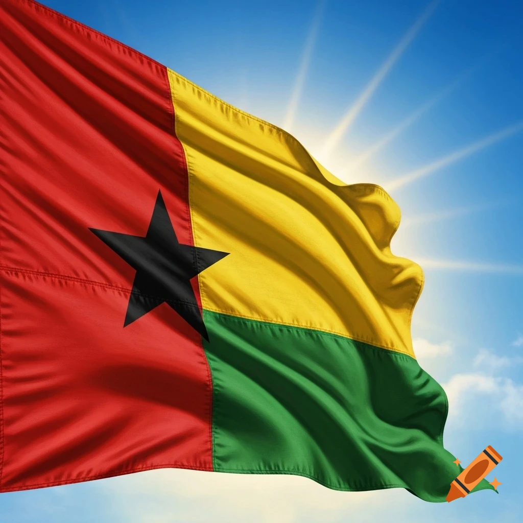 The flag of Guinea-Bissau, with a black star on a red stripe and horizontal yellow and green stripes, waves against a sunny blue sky.