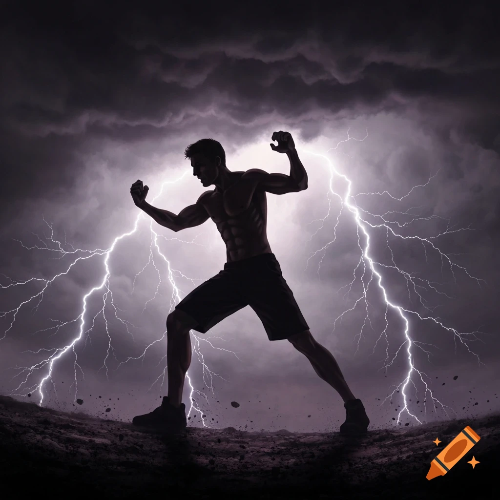 Silhouette of a muscular man flexing against a stormy sky with lightning bolts, on a dark, rocky ground.