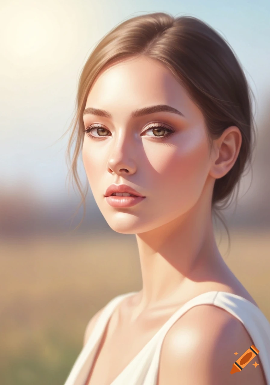 Dreamy portrait of a young woman with natural makeup and sunlight glow, against a blurred outdoor background.