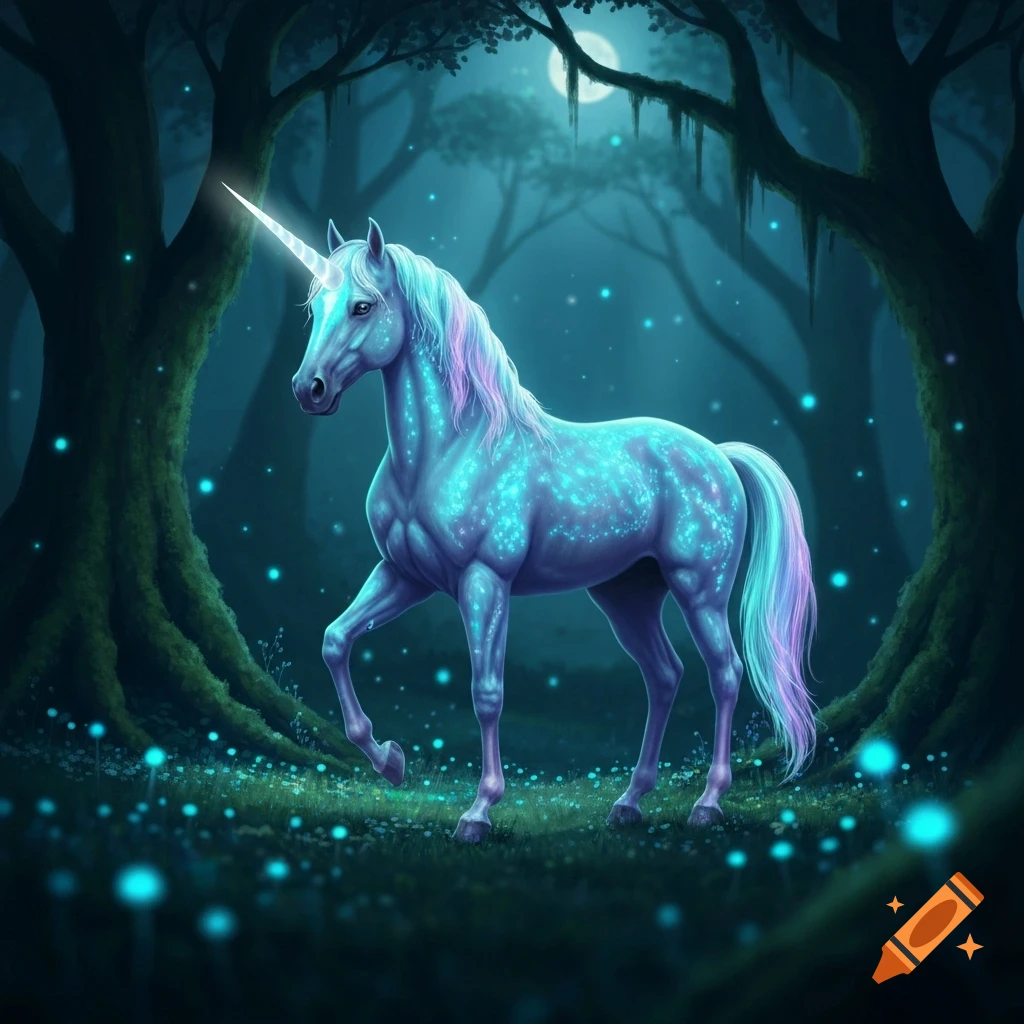 A glowing bioluminescent unicorn stands in a dark, mystical forest ...