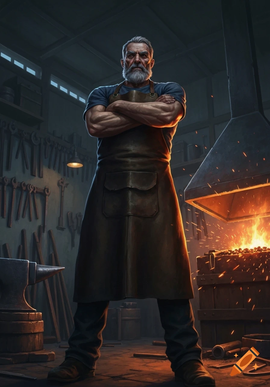 A strong, bearded blacksmith with crossed arms stands in a dimly lit, glowing workshop, anvil to his left.