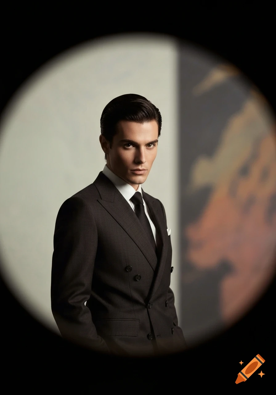 A handsome man in a dark double-breasted suit and tie looks intently forward, framed in a spotlight against a muted background. High-fashion portrait.