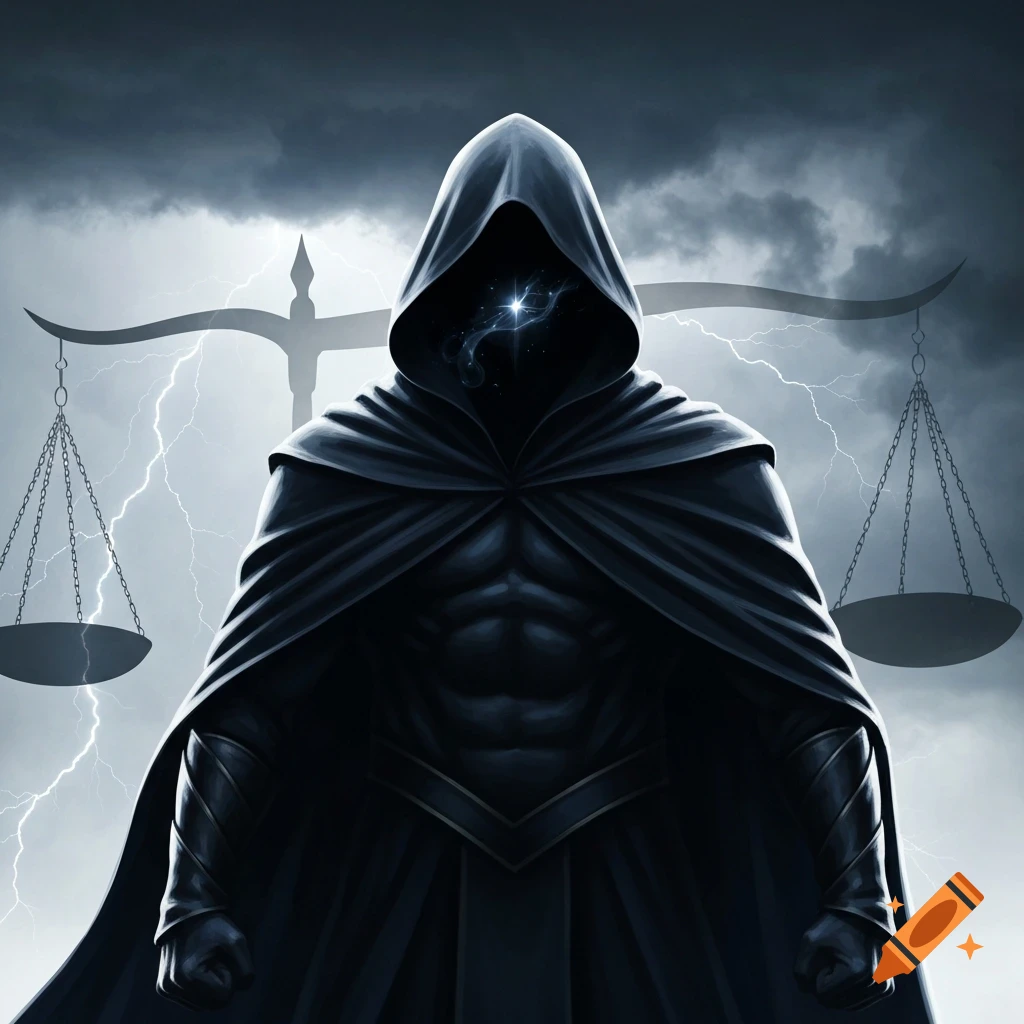 A dark hooded figure with a glowing cosmic face stands before scales of justice and lightning in a stormy sky.