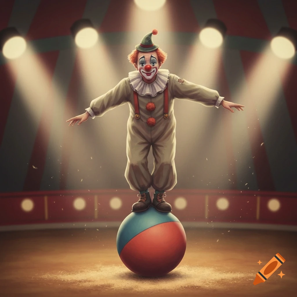 A friendly clown balances on a large red and blue ball in the center of a spotlighted circus ring.