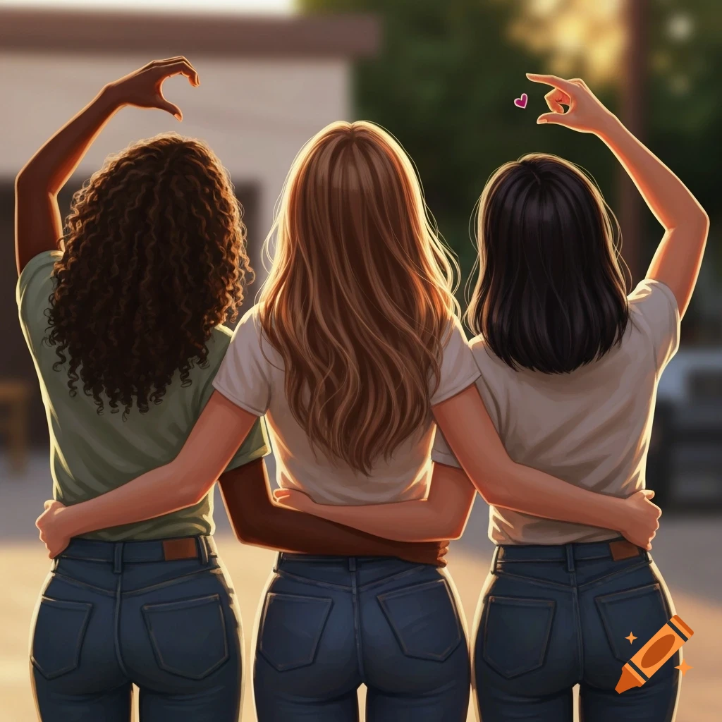 Three women seen from behind, hugging and making heart gestures, against a warm outdoor background.