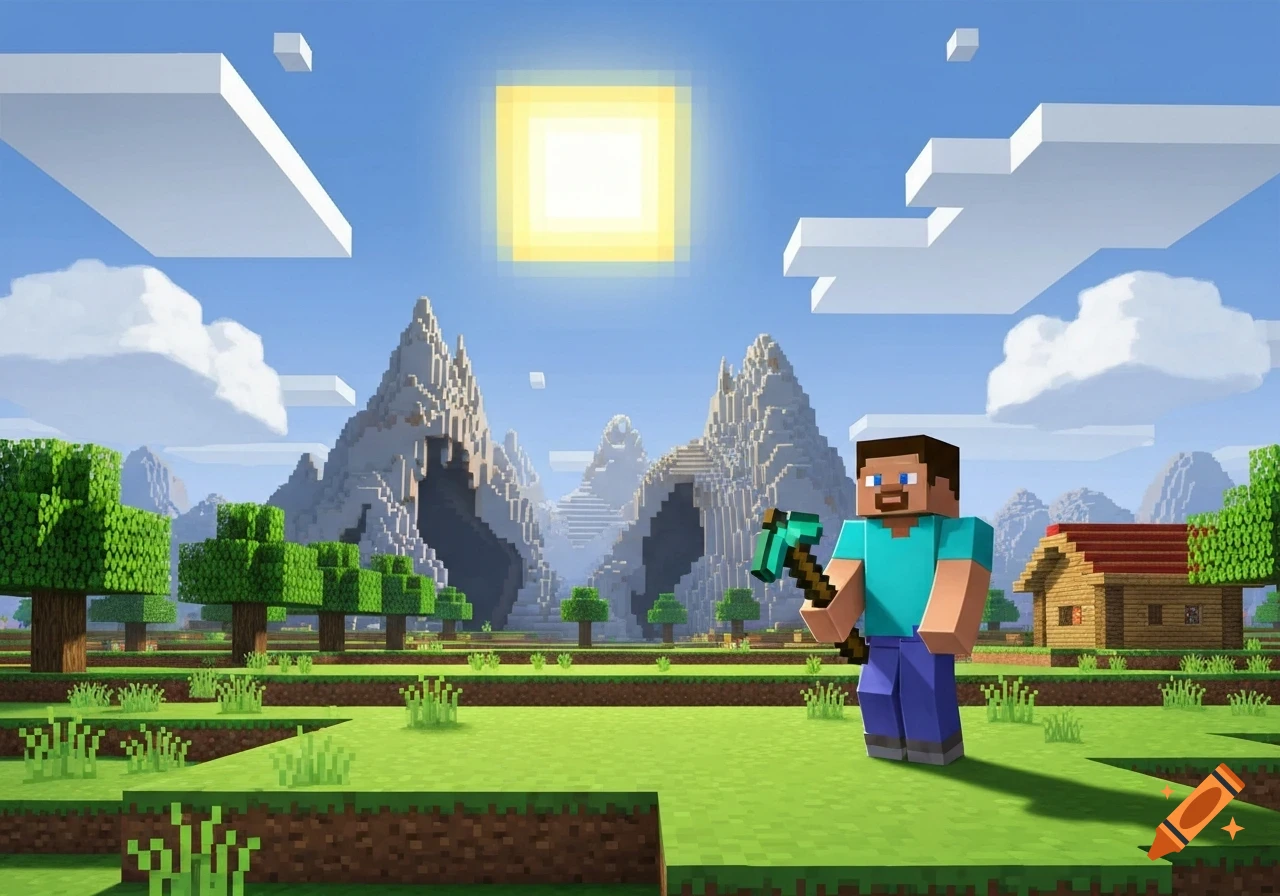 Minecraft landscape with Steve holding a pickaxe, a house, and blocky mountains under a pixelated sun.