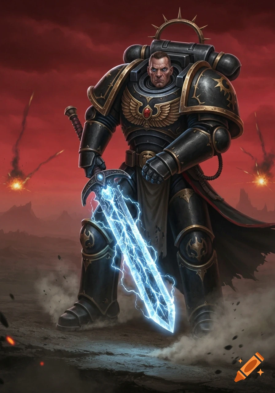 A powerful male psyker from Warhammer 40k in black power armor holds a glowing blue power sword, standing in a desolate, red-skied landscape.