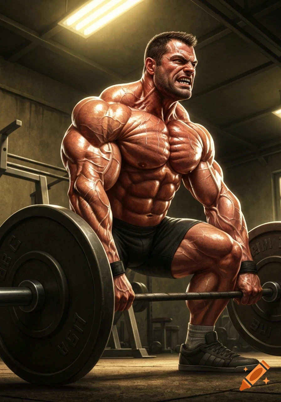 A heavily muscled man strains to lift a barbell with heavy weights in a gym, his face contorted in effort.