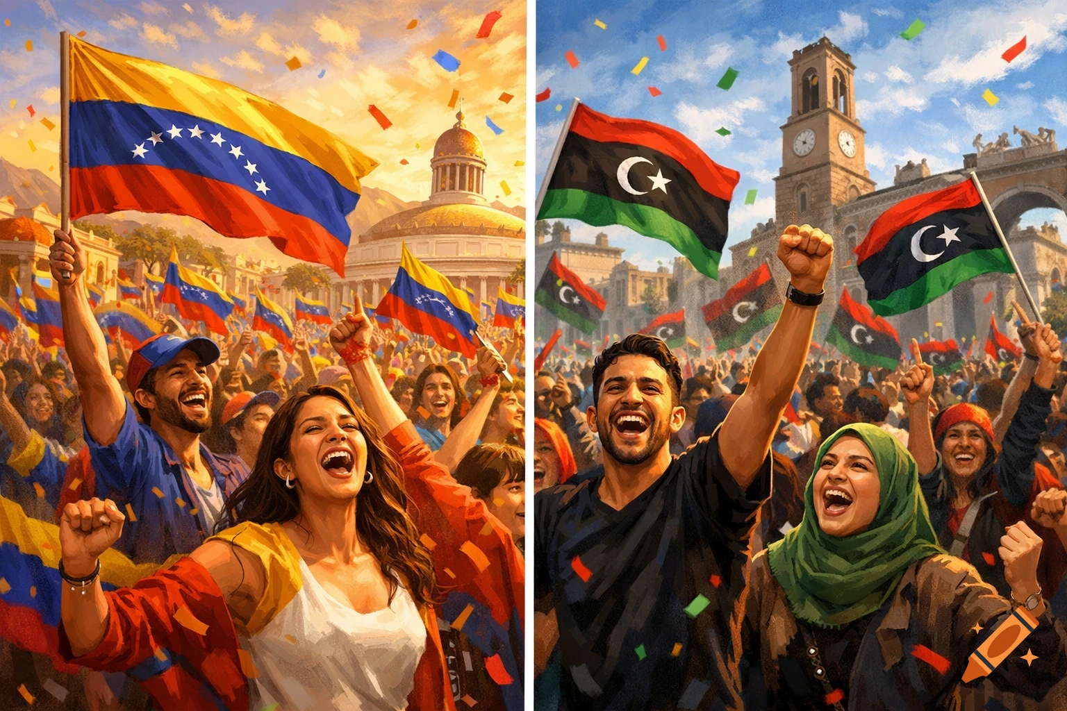A vibrant, illustrative split image shows cheering crowds holding flags: Venezuelans on the left, Libyans on the right.