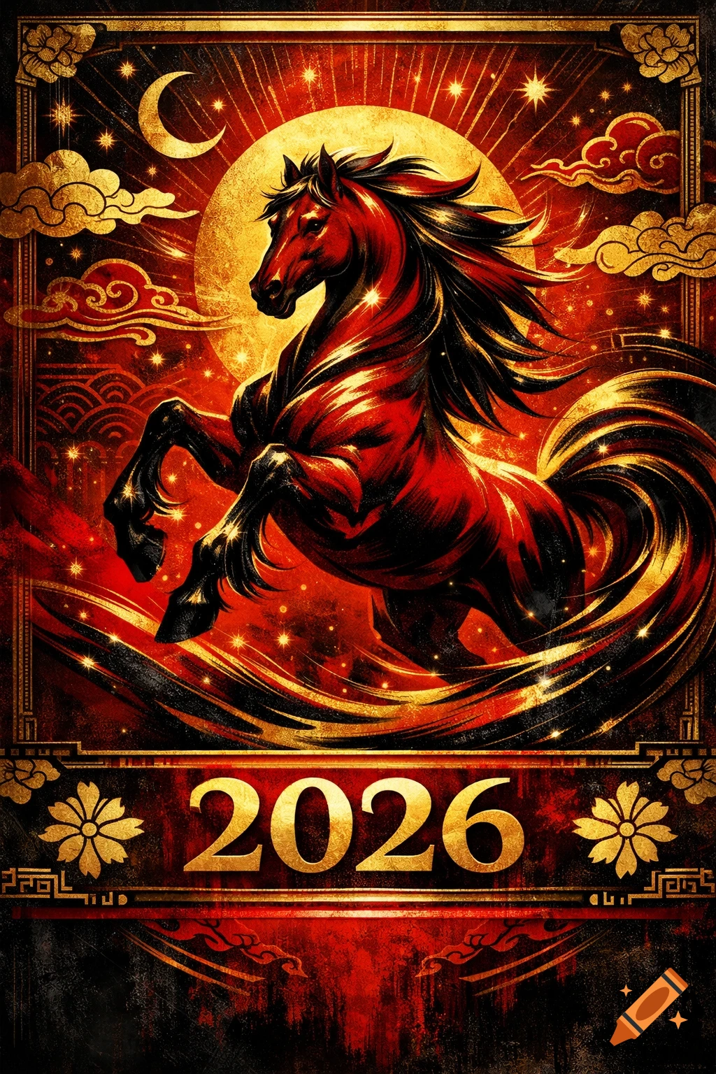A stylized red and gold horse rears up against a golden moon, surrounded by stars and clouds, with "2026" below in a decorative border.