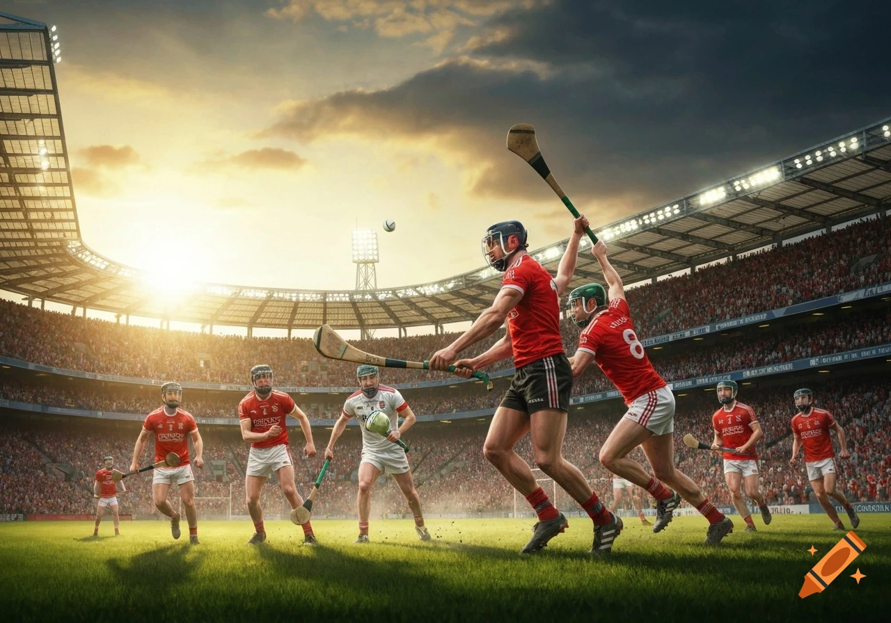 A dynamic shot of a hurling match in a large, sunlit stadium with players in red and white jerseys competing for the ball.