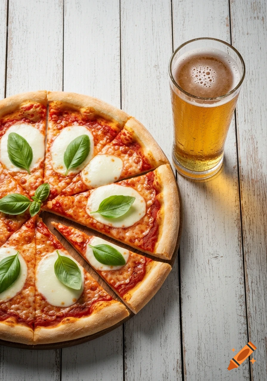 Top-down view of a sliced Margherita pizza with fresh basil and a glass of beer on a white wooden table, photorealistic.