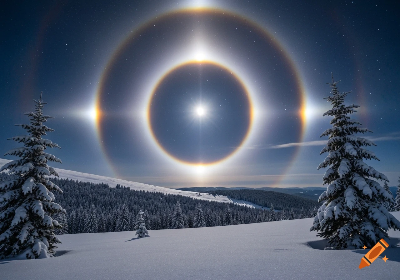 A photorealistic winter landscape at night with a bright moon, surrounded by two spectacular lunar halos over snow-covered mountains and fir trees.