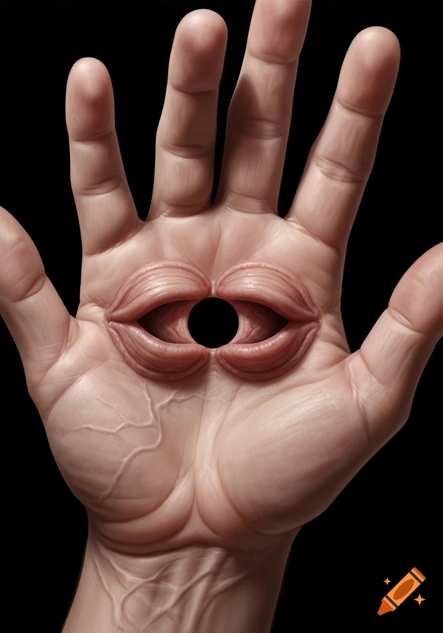 Stylized illustration of a human hand with a fleshy, eye-like opening in the palm, featuring detailed skin and veins.