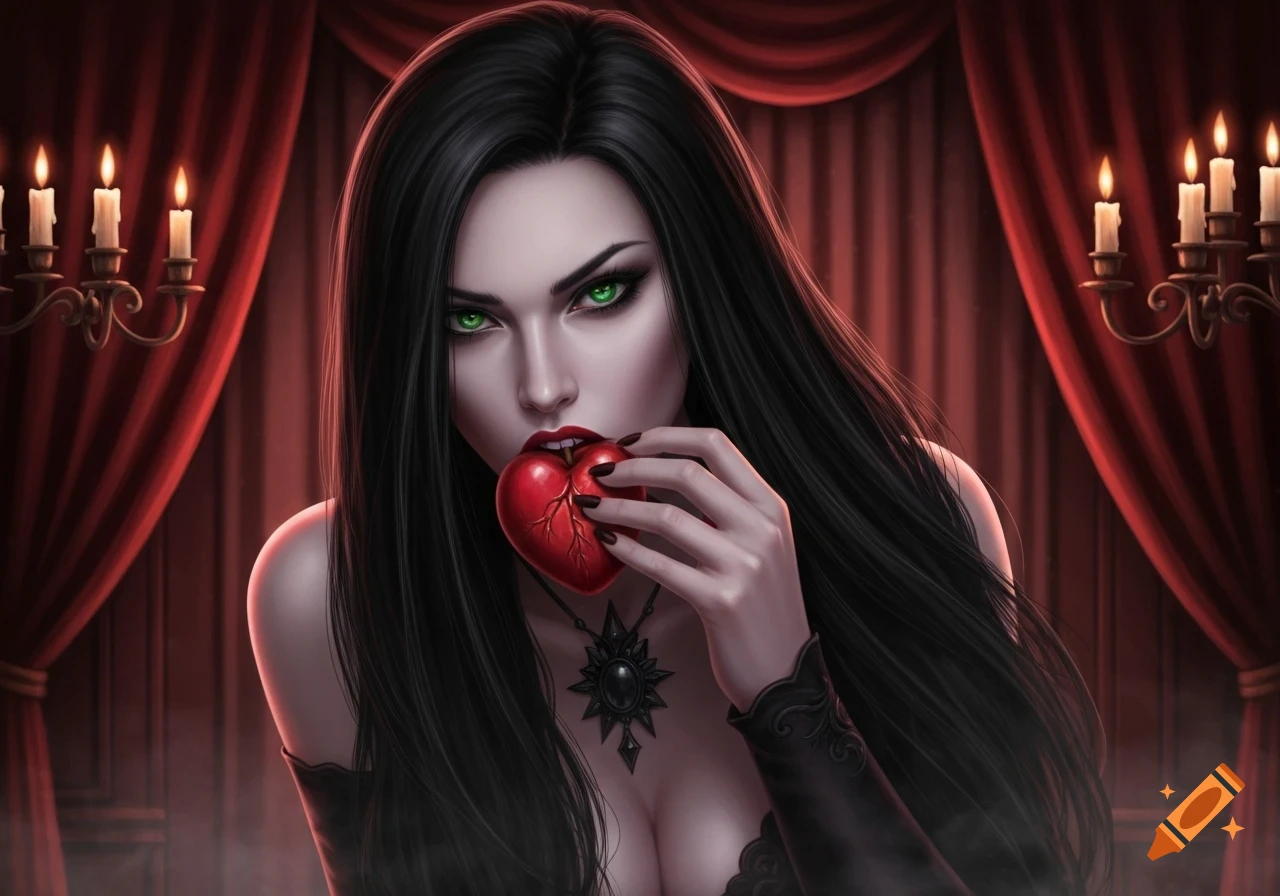 A dark fantasy portrait of a vampire woman with long black hair and green eyes, biting a red heart in a candlelit room.