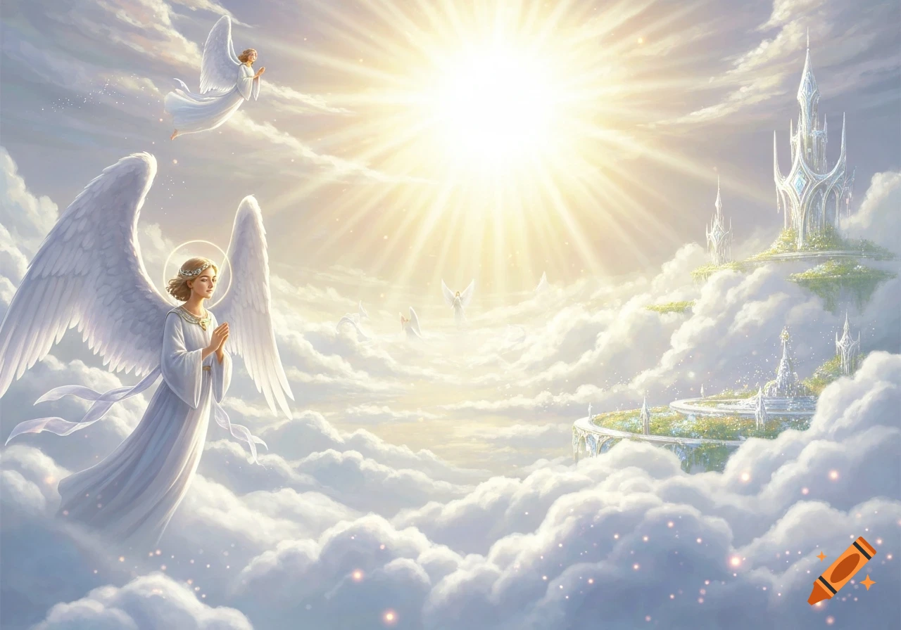 Ethereal illustration of angels with white wings floating among clouds and celestial castles, bathed in radiant sunlight.