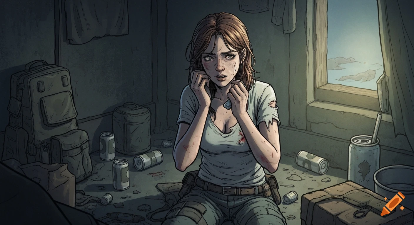 A scared, dirty woman with torn clothes and blood splatters sits in a ruined room with a backpack and cans, looking desperate in a comic art style.