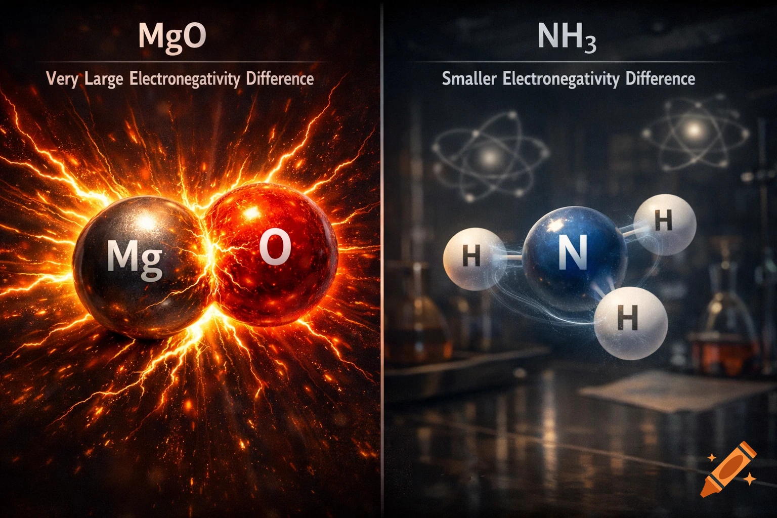 Split image comparing MgO with a large electronegativity difference (fiery atoms) and NH3 with a smaller difference (atoms connected by subtle bonds).