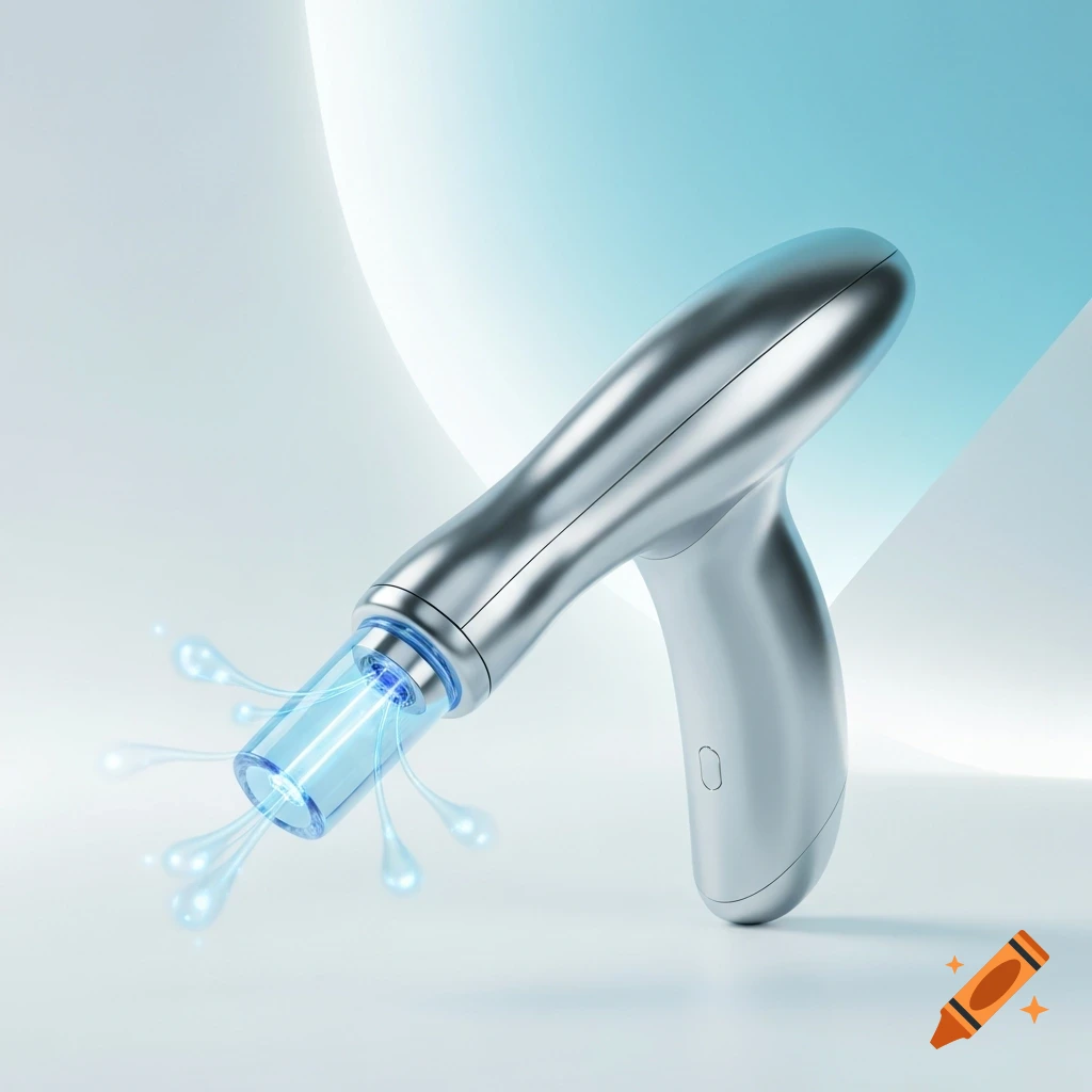 A sleek, silver and white plasma skincare device emitting blue light and water droplets against a light blue background.