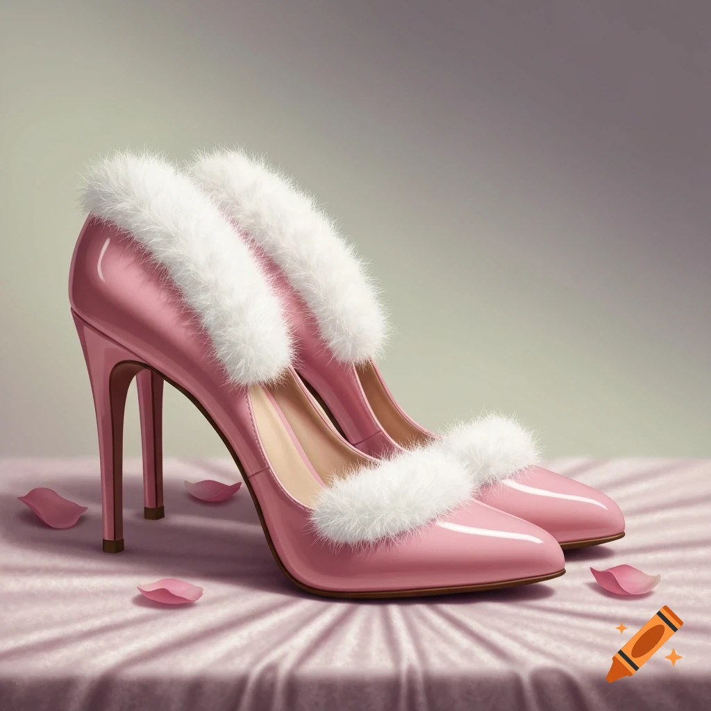 Two glossy pink high heels with white fur trim rest on a pink draped surface with scattered petals.