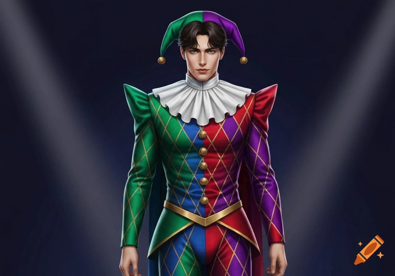 A young man in a vibrant, split-color harlequin costume with a ruffled collar and jester hat, standing under a spotlight.