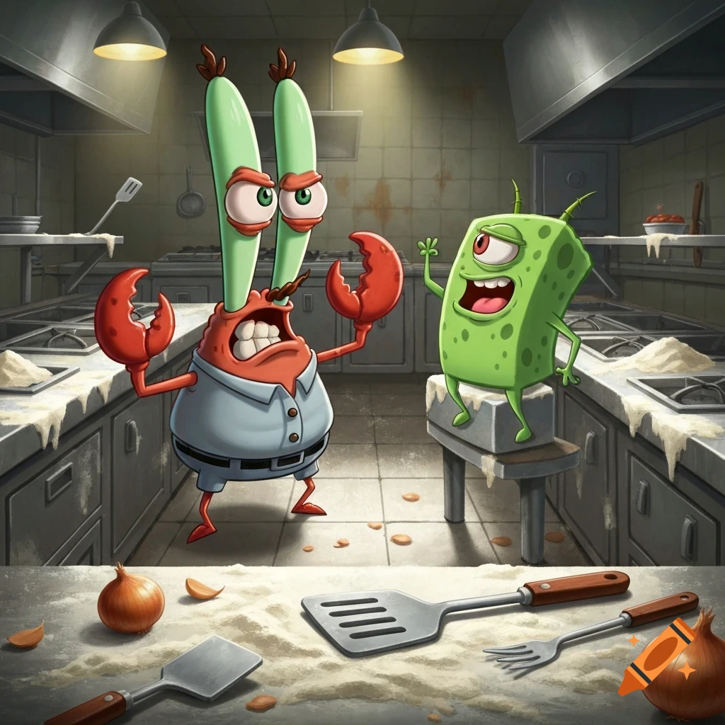 Mr. Krabs yells at a happy Plankton in a messy cartoon kitchen, with spatulas and onions on the counter.
