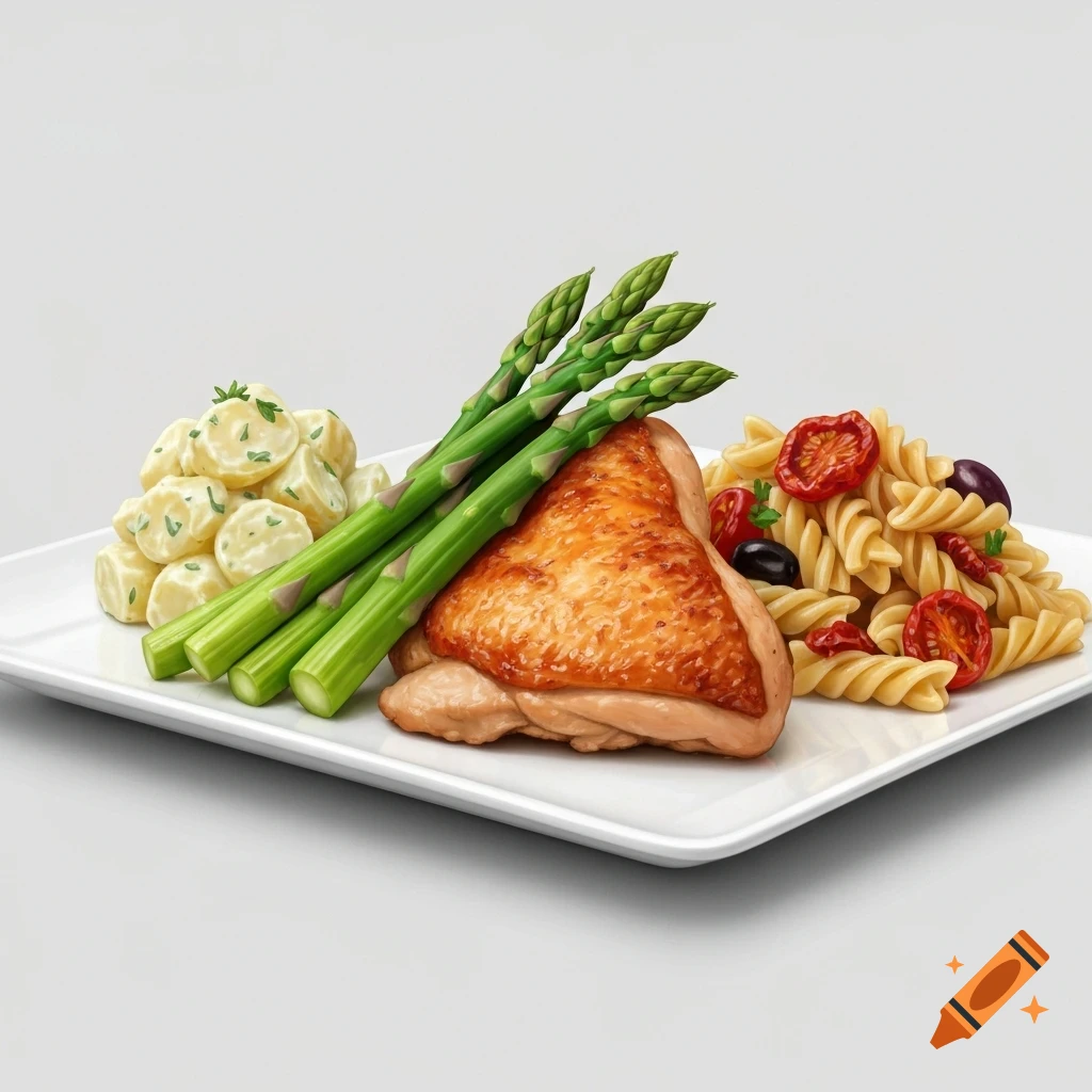 A rectangular plate with roasted chicken, green asparagus, potato salad, and fusilli pasta salad with olives and tomatoes.