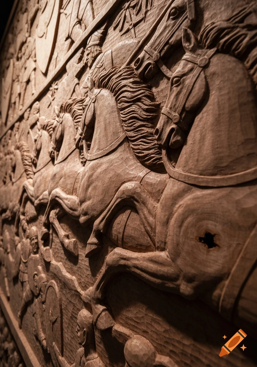 Detailed wooden bas-relief carving depicting a historical battle scene with charging horses and soldiers.