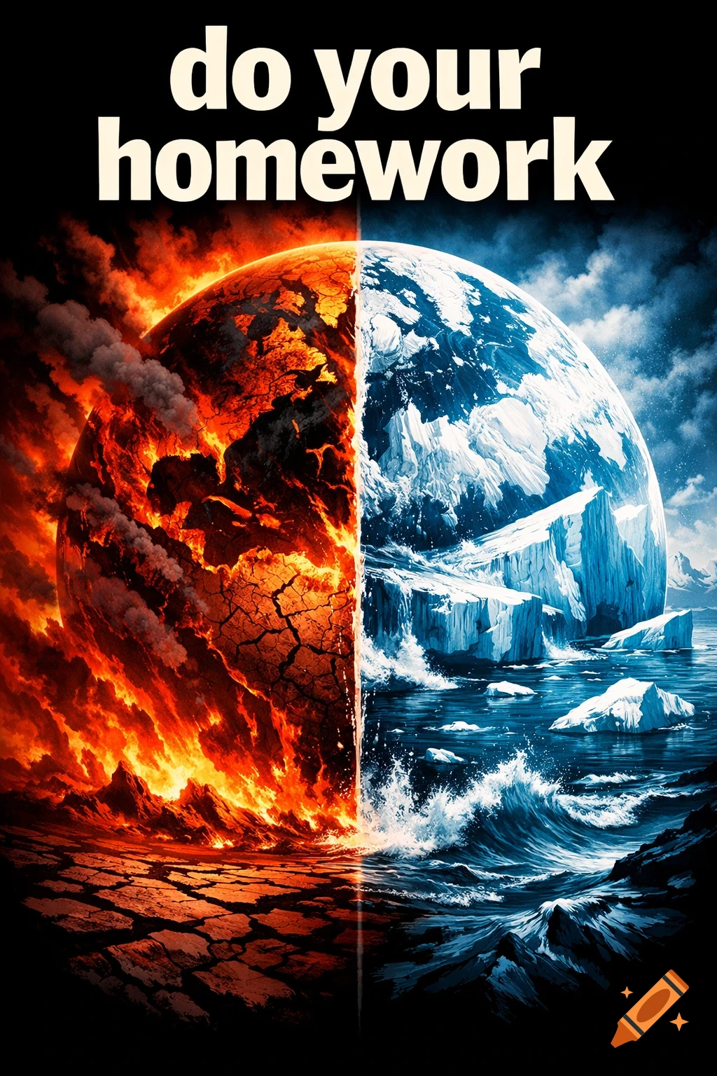 A dramatic climate change poster showing a split Earth; one side is a fiery, cracked desert, the other is an icy, melting glacier ocean. White text at the top reads, 'do your homework'.