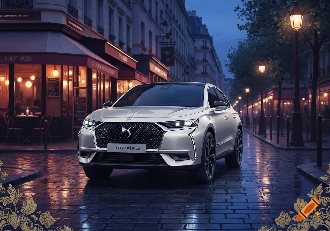 A silver DS car parked on a wet cobblestone street in a European city at dusk, with illuminated cafes and classic buildings.