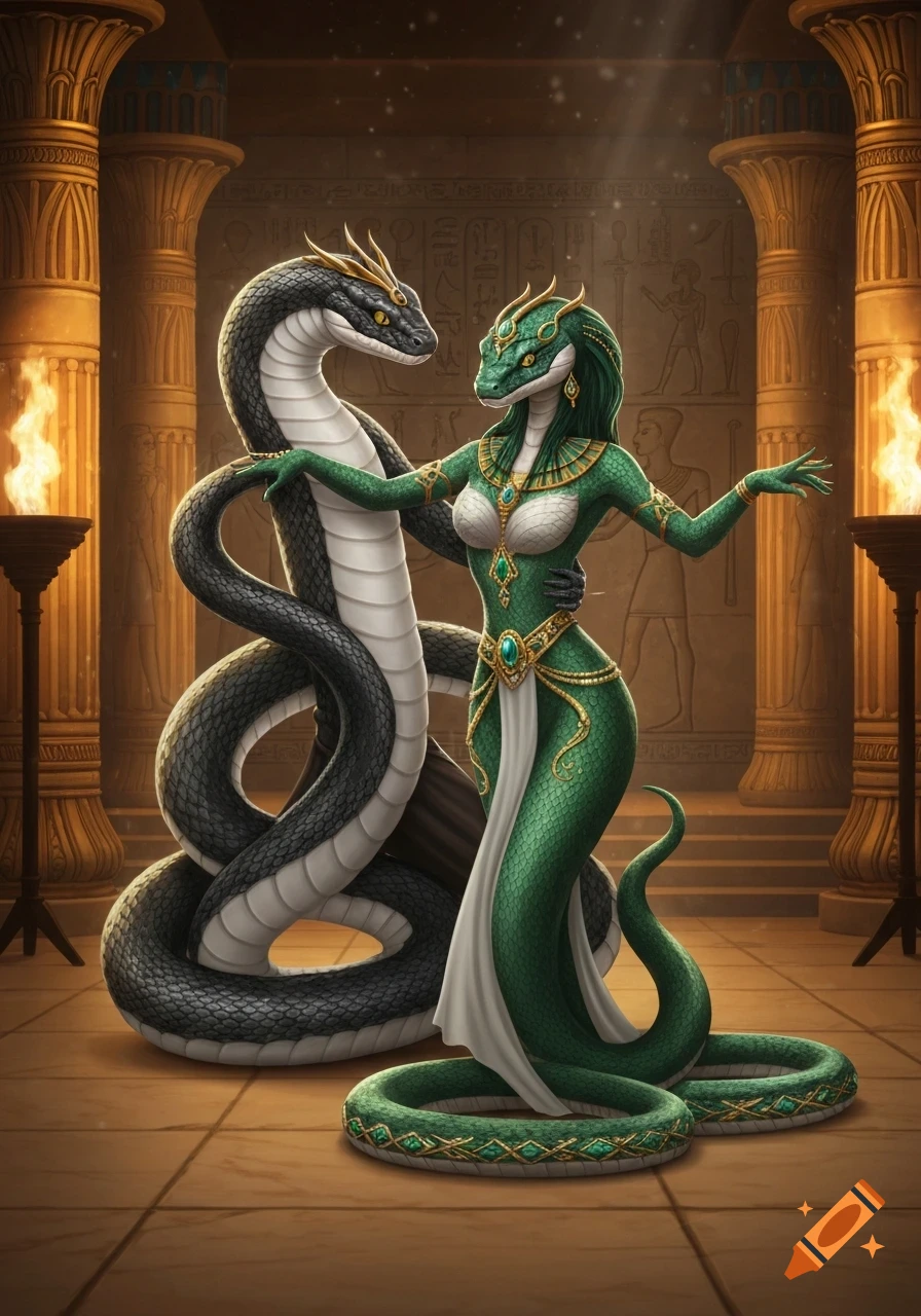 A black snake prince and a green snake princess dance in an ancient Egyptian temple with glowing torches.