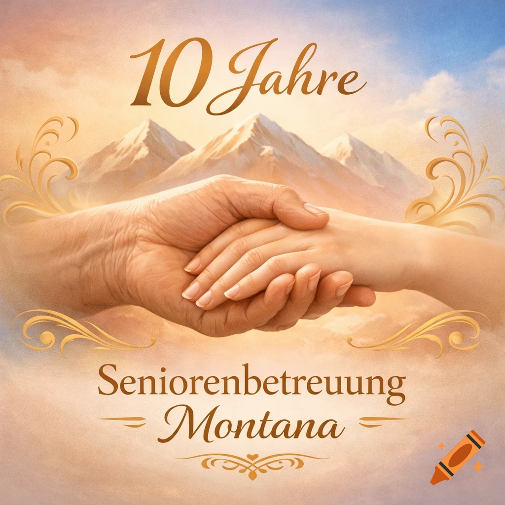 An older hand gently clasps a younger hand, with "10 Jahre Seniorenbetreuung Montana" text and mountains in the background.