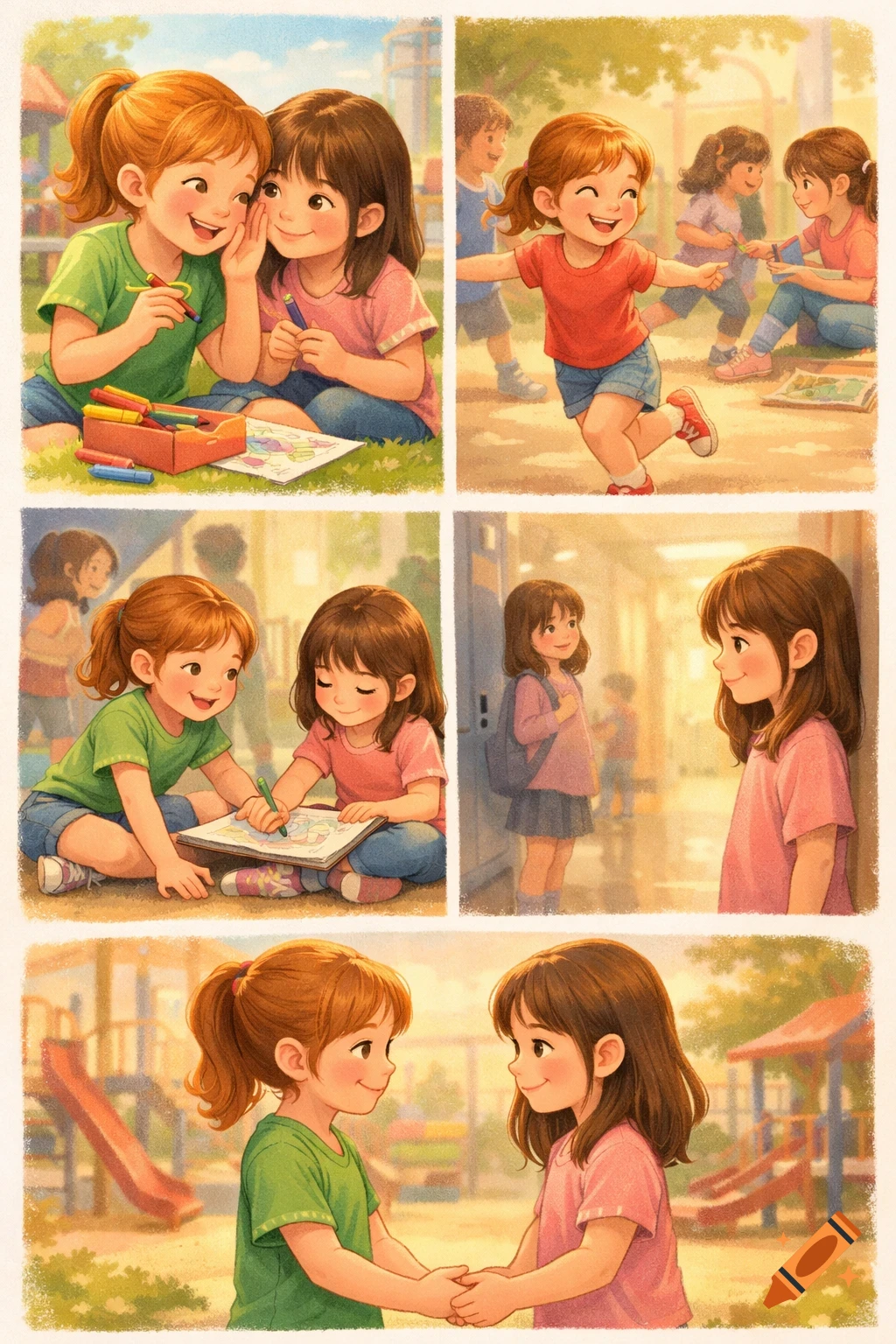 Multi-panel illustration of two young girls, Emma and Sarah, showing friendship in school and playground settings.