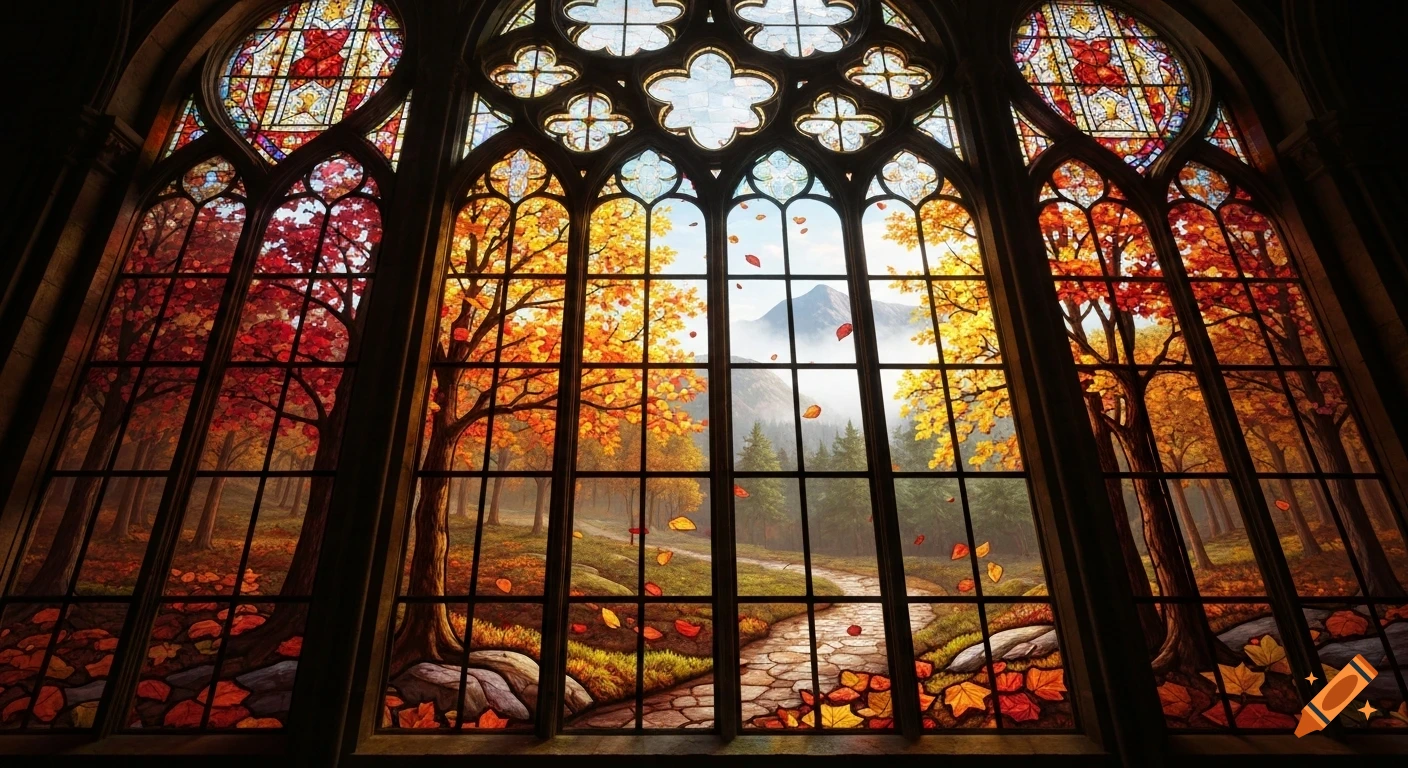 A detailed Gothic stained glass window depicting a vibrant autumn landscape with colorful trees and a distant mountain.