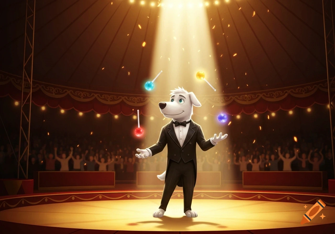 A cartoon white dog in a tuxedo juggles glowing lollipops on a brightly lit circus stage, with an audience in the background.