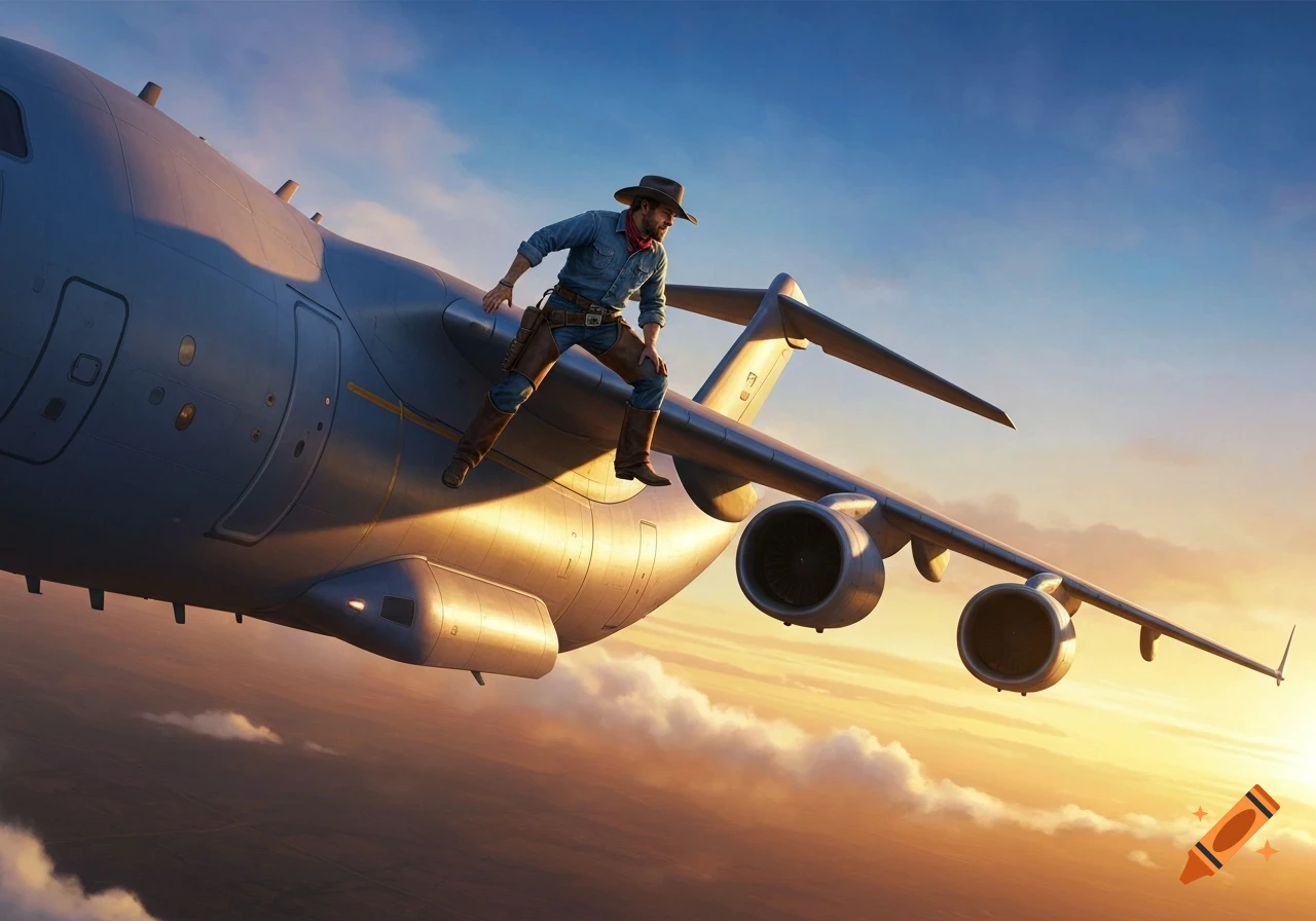 A cowboy in a hat and boots rides on the wing of a large airplane soaring through a golden sunset sky above clouds.