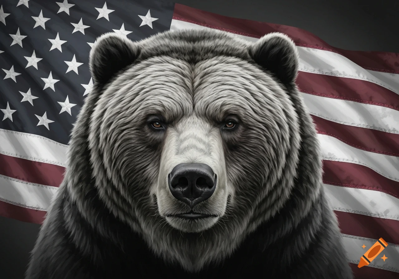 A close-up, front-facing portrait of a grizzled bear with the American flag waving in the background.