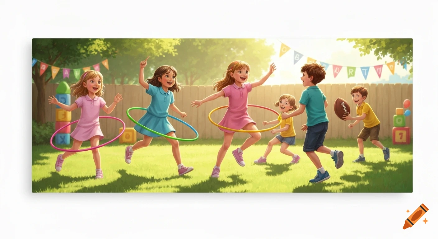 Children joyfully play in a sunlit backyard with hula hoops and a football, under festive banners and bright green grass.