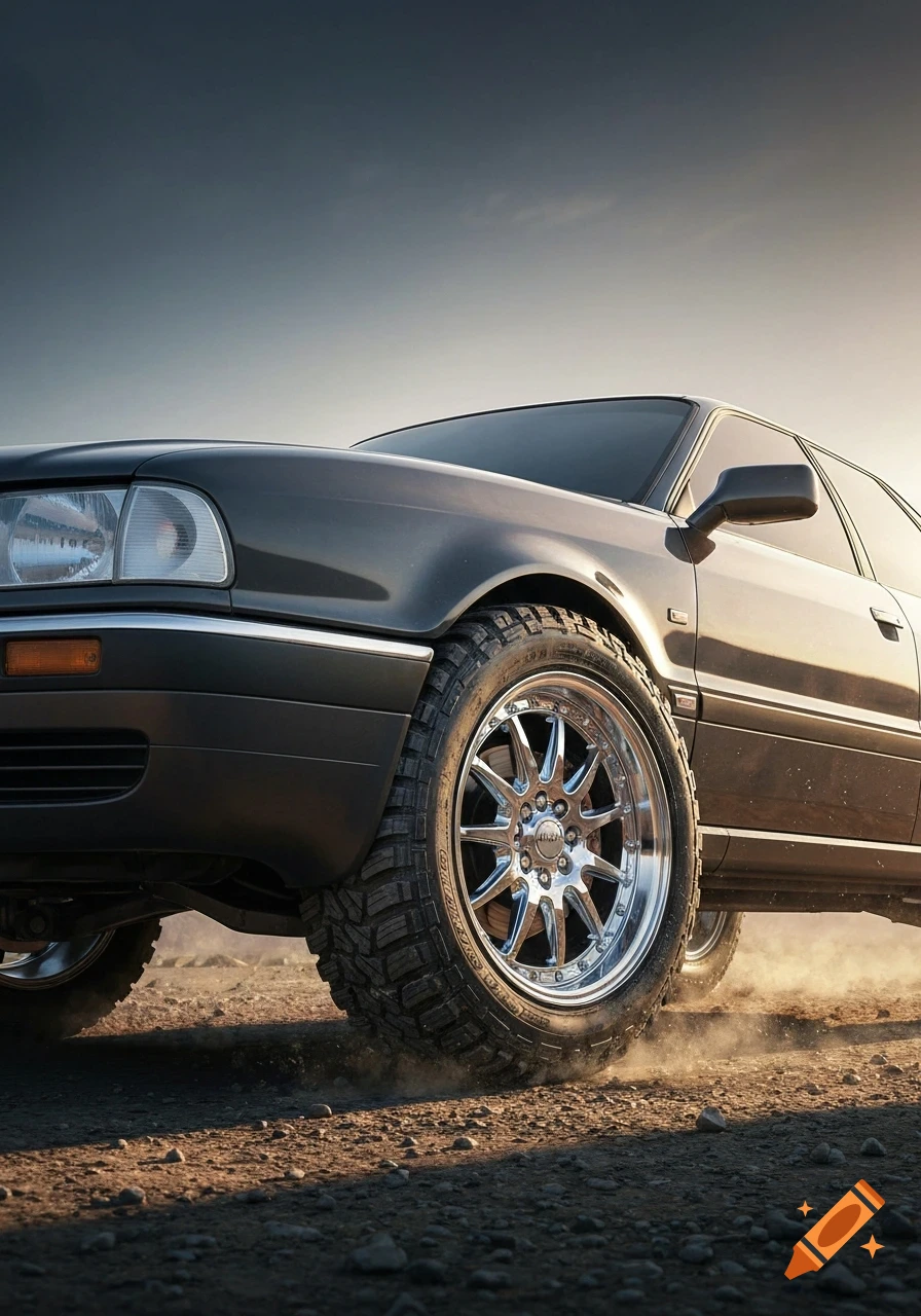 Dark grey Audi sedan with chrome off-road wheels kicking up dust on a dirt road under a clear sky.