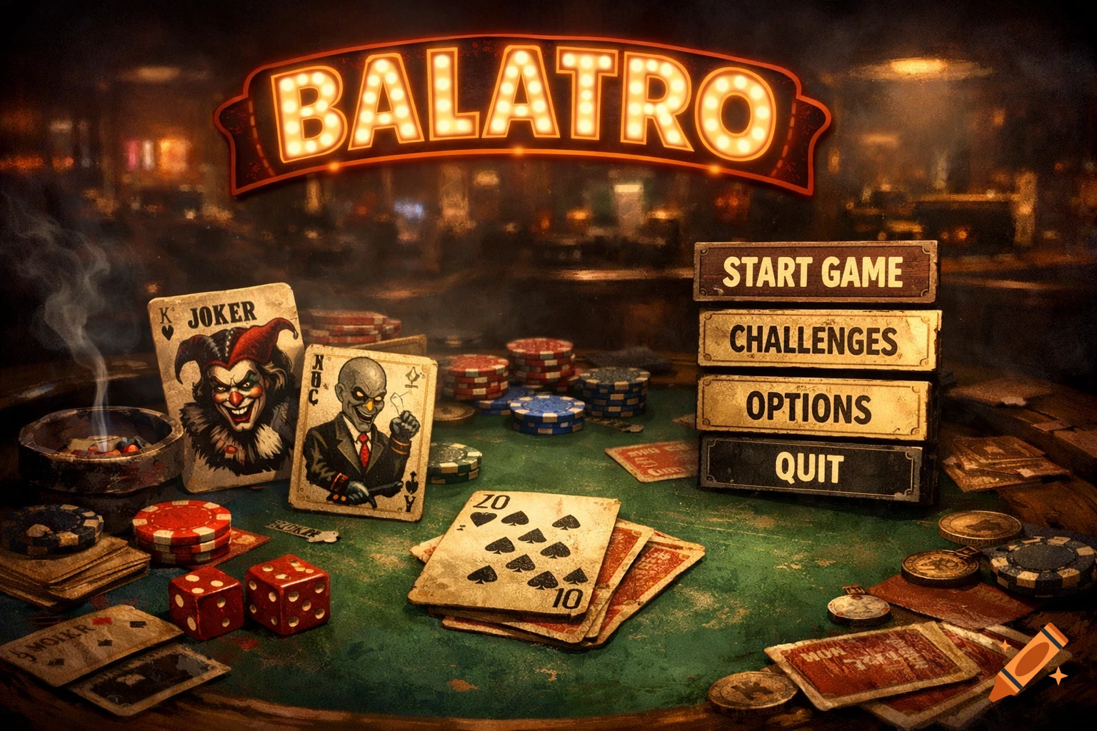 Dark, moody digital art of a casino table with playing cards, poker chips, red dice, and an ashtray, under a glowing 'BALATRO' sign. A menu stack reads 'START GAME', 'CHALLENGES', 'OPTIONS', 'QUIT'.