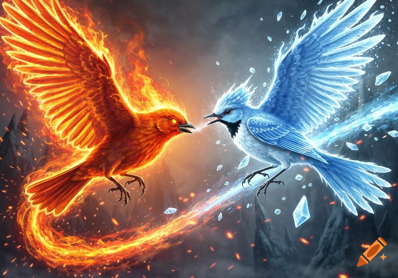 A dramatic digital art illustration of a fiery orange bird and an icy blue bird clashing mid-air, surrounded by swirling fire and ice magic.