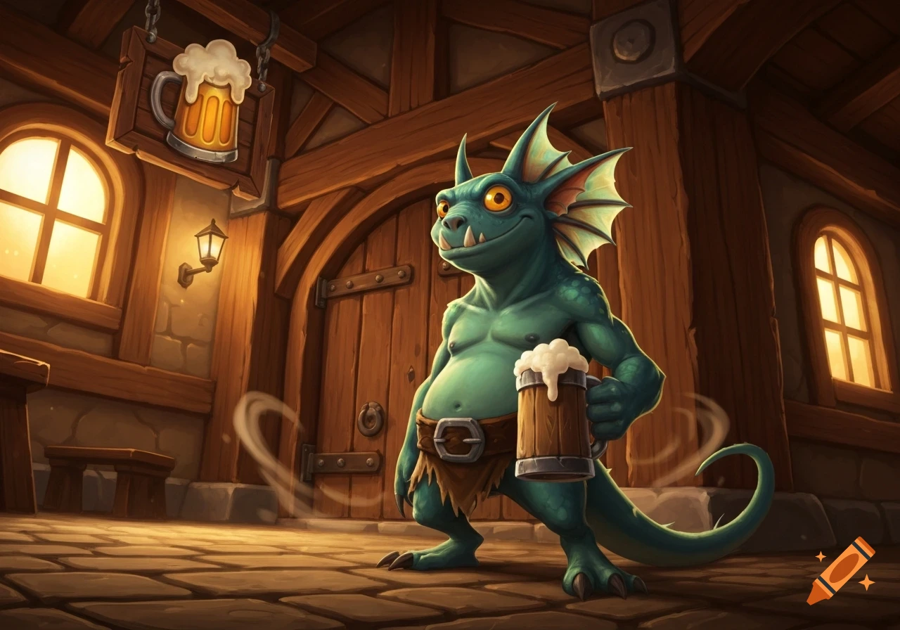 A smiling green Murloc creature holds a frothy beer mug inside a rustic wooden fantasy tavern.