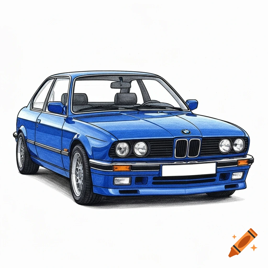 A detailed illustration of a blue BMW E30 coupe viewed from the front quarter, against a white background.